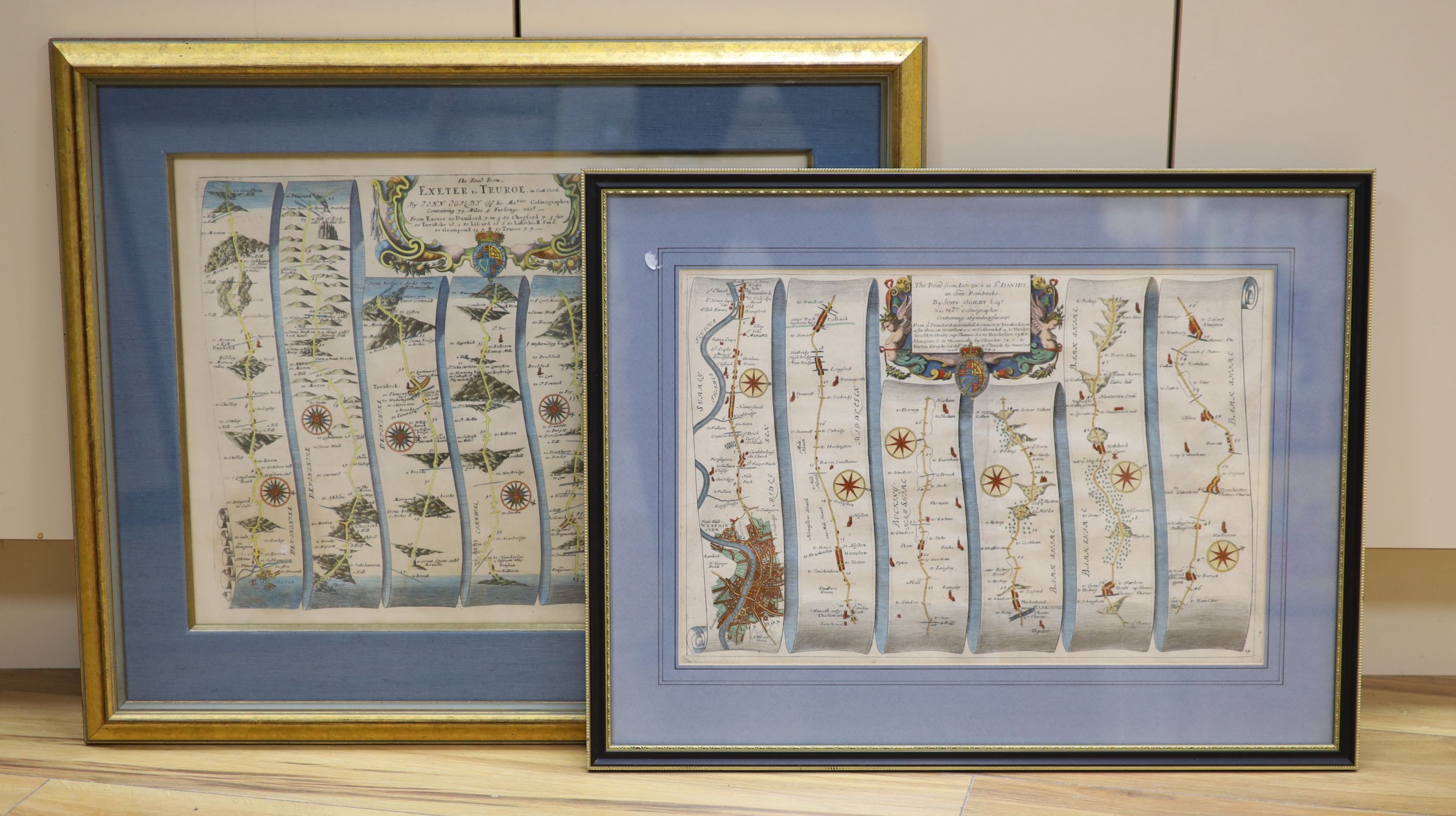 John Ogilby two coloured engraved road maps; Exeter to Truroe and Oxford to St Davids, 30 x 45cm.